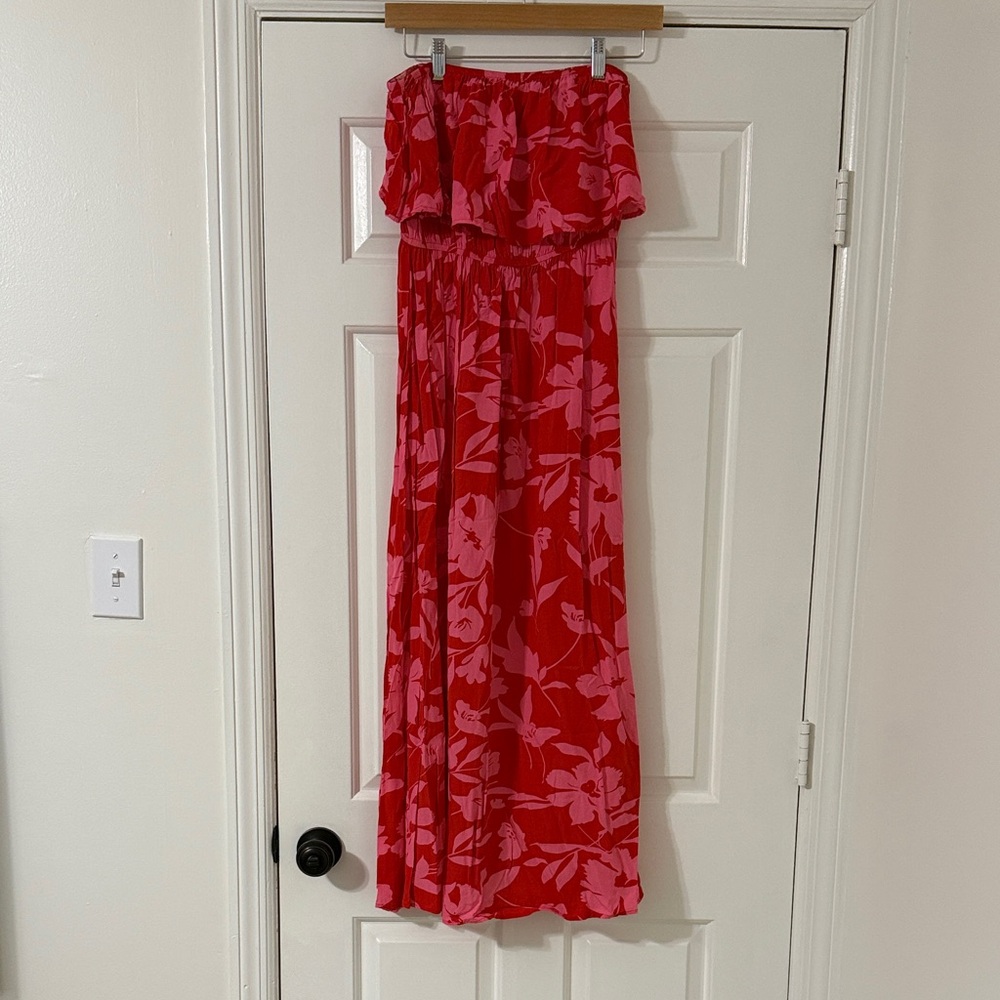 Red Floral Strapless Maxi Dress